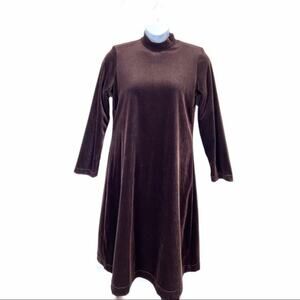 Velour 80s High Neck Dress Vintage Brown Velour A Line Swing Dress Mock Neck